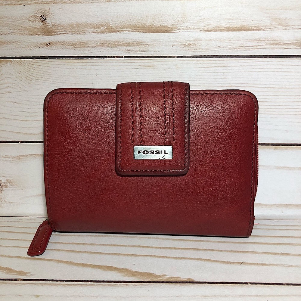 Fossil Red Genuine Leather Zip Around Tab Wallet